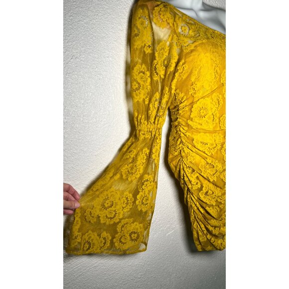 NWT For Love and Lemons Tiana Lace Mini Dress One-Shoulder Floral Yellow XS - Picture 11 of 16